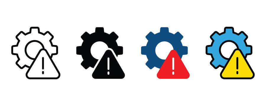 Failure icon set. Gear with an exclamation mark icon vector. Symbolizing malfunction, error