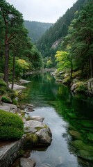 Panoramic View Of A Serene Emerald Green Lake Reflecting Lush Pine Forests And Rocky Shores Under A Cloudy Sky