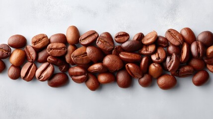 Rich Roasted Coffee Beans Arranged Artistically on a Textured Grey Surface in Warm Natural Lighting