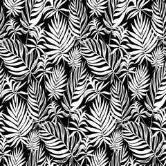 Black and white vector seamless pattern with trendy tropical leaves. Perfect for fashion apparel fabric, trendy package, bedding, wallpaper, accessories, outerwear, cloth textile.