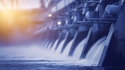 Hydroelectric power plant releases water from dam in low light creating a long exposure effect. Renewable energy concept.