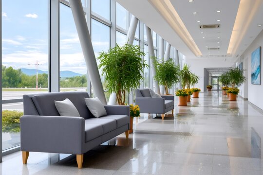 Airport lounge featuring comfortable seating and green plants