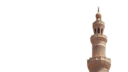 Towering minaret architecture of a majestic mosque in Abu Dhabi reaches towards the blue sky, a striking landmark of Islamic religion and modern building
