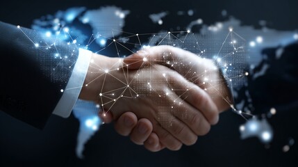 Business partnership handshake over a global network with digital connections