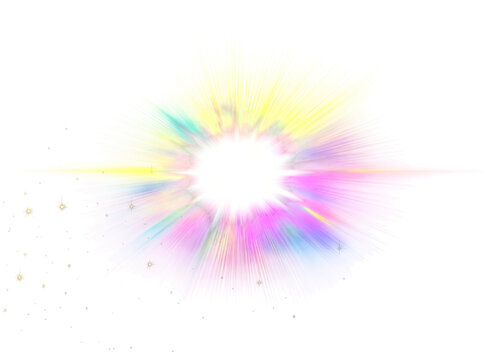 Multicolor light burst rainbow sparkle overlay with glowing rays and bright white background png abstract background with colorful stars