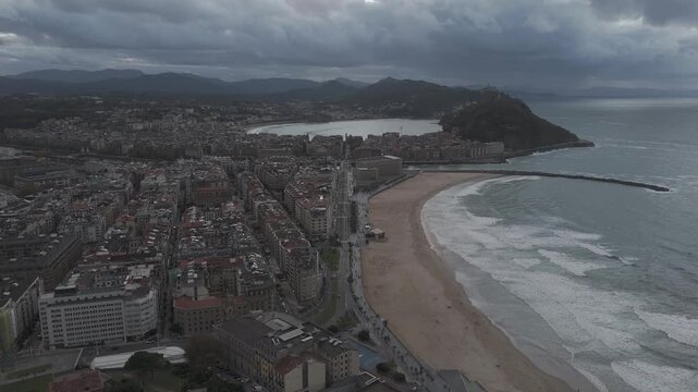 Aerial view of Donostia San Sebastian with Zurriola beach at the Basque Country.