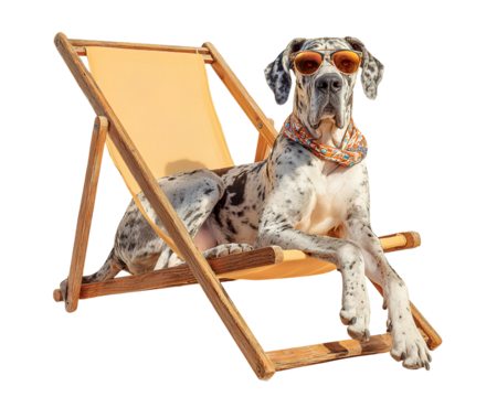 Stylish Harlequin Great Dane Dog Wearing Scarf and Sunglasses on Orange Deck Chair isolated on a transparent background