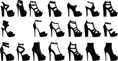 High heel platform shoe silhouettes, women fashion footwear collection, black vector icons set for design and branding, cad drawing flat vector illustration