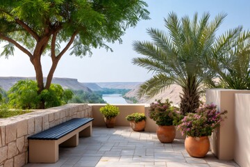 Fototapeta premium Desert oasis terrace with river valley view