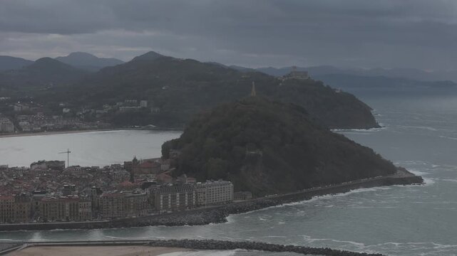 Aerial view of Donostia San Sebastian with Zurriola beach at the Basque Country.