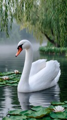 Obraz premium White swan swimming on lake with water lilies