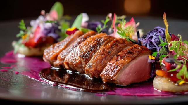 Duck breast with red cabbage gel and port wine sauce fine dining gourmet photography