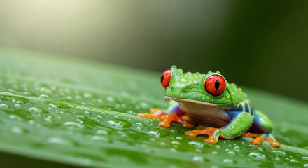 Red-eyed tree frog resting on a wet tropical leaf