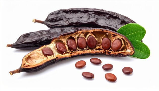 Carob pods and seeds with opened pod and scattered seeds symbolizing natural nutrition and culinary versatility