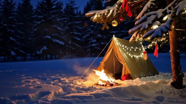 Seamless looping AI-generated video animation of a bonfire and tent beside a pine tree decorated for winter, set in a snowy landscape &mdash; blending holiday charm with nature