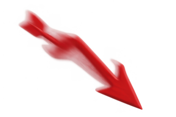 Red arrow moving down for loss concepts, negative values, falling trends, decrease, bad news, and recession on transparent background