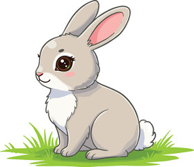 Cute bunny sitting on green grass, adorable rabbit character design, spring forest animal illustration, wildlife cartoon drawing, cad drawing flat vector illustration