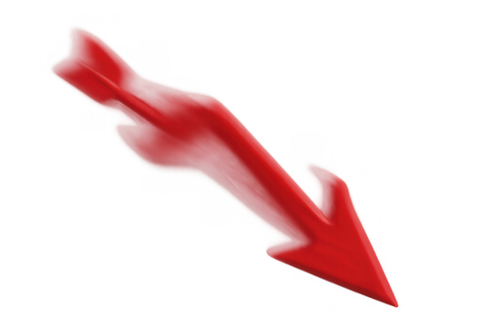 Red arrow moving down for loss concepts, negative values, falling trends, decrease, bad news, and recession on transparent background