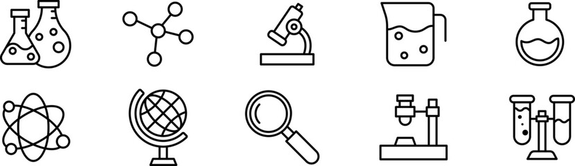 Science and laboratory line icon set including microscope, flask, atom, DNA, and chemistry symbols for research, education, and scientific infographic