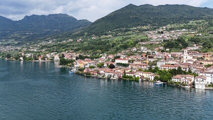 Fototapeta premium Sulzano town on Lake Iseo Italy drone,aerial