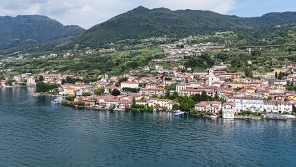 Fototapeta premium Sulzano town on Lake Iseo Italy drone,aerial