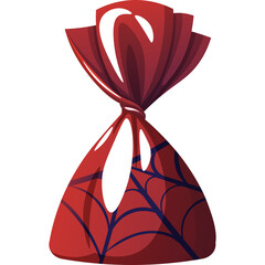 Red Candy Wrapper with Spiderweb Design Tied at Top on Transparent Background Festive Halloween Treat or Gift Packaging Element Isolated Decoration