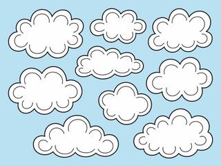 This image presents multiple fluffy clouds against a serene blue sky, ideal for backgrounds and designs related to weather, nature, and tranquility in artistic projects.