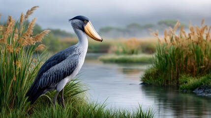 Obraz premium Shoebill standing by wetland river in foggy morning