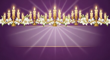 Elegant candle display with lilies and glowing lights on purple background. Beautiful arrangement features bright candles and white lilies, creating a serene atmosphere.