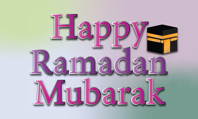Happy Ramadan Mubarak Greeting with Kaaba Illustration and Colorful Typography on Pastel Background