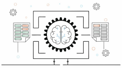 Obraz premium Conceptual illustration of artificial intelligence processing data through a central gear mechanism connected to information sheets