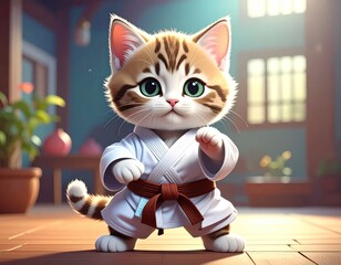 Cute Kitten in Karate Gi with Brown Belt Posing for Martial Arts Practice