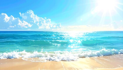 A serene ocean scene with sandy beach, gentle waves, bright sunlight, and fluffy clouds in a clear blue sky