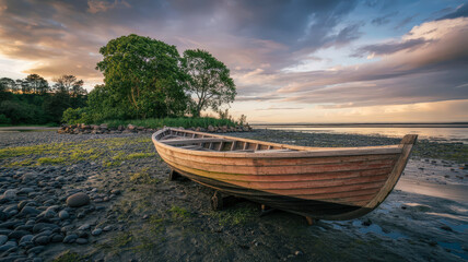 Abandoned wooden fishing boat resting on the rocky shoreline at dramatic sunset