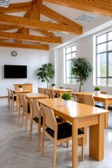 Fototapeta premium Empty contemporary classroom with wooden furniture and exposed beams