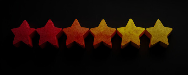 Fototapeta premium Five glowing star shaped objects arranged in a row against a dark background