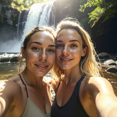 Two girlfriends taking a selfie photo at a waterfall on vacation