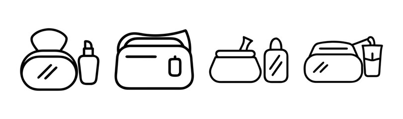 Collection of cosmetic bags and skincare bottles icons simple outline style