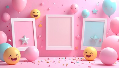Three white picture frames, decorated with pastel balloons, stars, and emoji faces, against a pink background