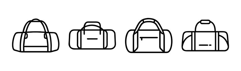 Four outline duffel bags side by side travel luggage sports gear collection