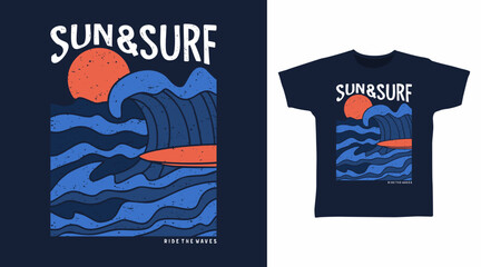 Sun and surf line art illustration, hand drawn vector ready for print on t-shirt and other uses.