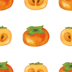 Persimmon seamless pattern. Flesh fruits pattern illustration for wrapping paper, textile prints, banners, backgrounds.