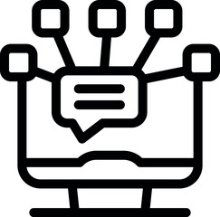 Simple black and white vector icon representing a computer sending a message to multiple devices, symbolizing online communication and networking