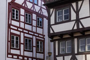 Details of traditional half-timbered houses in the Fischerviertel which part the old town of Ulm in Baden Württemberg in Germany