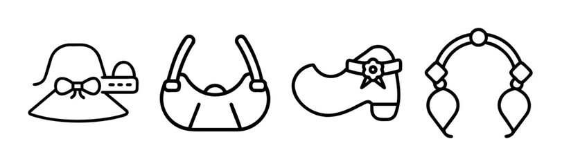 Collection of fashion accessories including hat handbag shoe and hairband simple outline icons