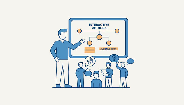 An instructor leading a live online lecture with a digital whiteboard emphasizing interactive teaching ods and audience participation.