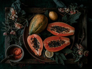 Sliced Fresh Papaya on Wooden Plate - Tropical Fruit Still Life with Warm Sunlight and Rustic Setup 