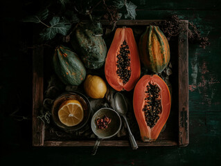 Sliced Fresh Papaya on Wooden Plate - Tropical Fruit Still Life with Warm Sunlight and Rustic Setup 