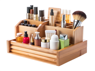 A Wooden Organizer Filled With Beauty Tools and Products isolated on white background ,PNG. AI Generated