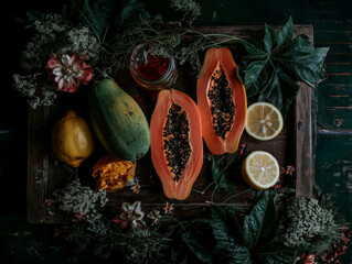Sliced Fresh Papaya on Wooden Plate - Tropical Fruit Still Life with Warm Sunlight and Rustic Setup 